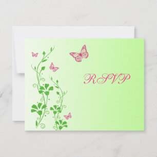 Carte de réponse florale rose et verte avec papill