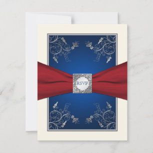 Carte de réponse florale rouge, ivoire et bleue
