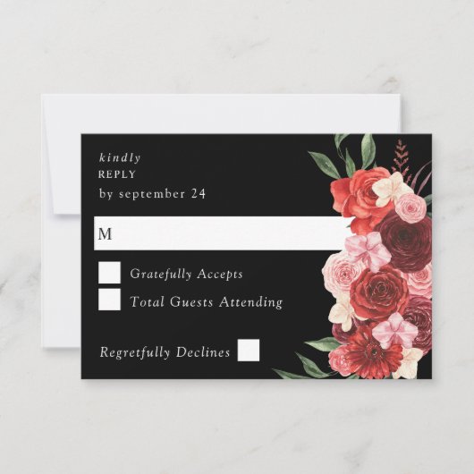 Carte de réponse florale rouge noir sans repas  (Devant)