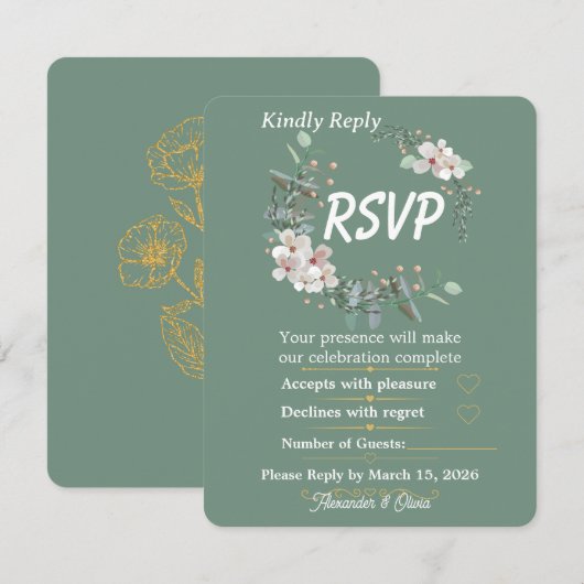 Carte de réponse florale vert sauge modifiable (Devant / Derrière)