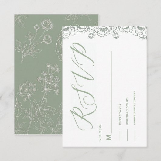 carte de réponse florale vert sauge, réponse aimab (Devant / Derrière)