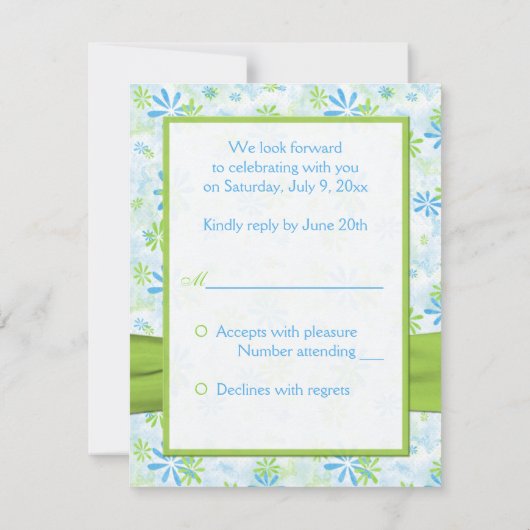 Carte de réponse florale verte lime et bleue (Dos)