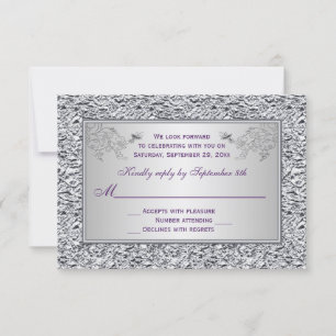 Carte de réponse florale violette et argentée FAUX