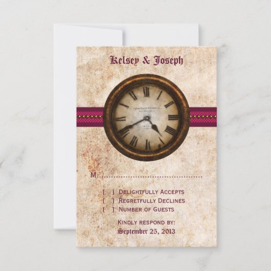 Carte de réponse Horloge Ancienne, Fuchsia (Devant)