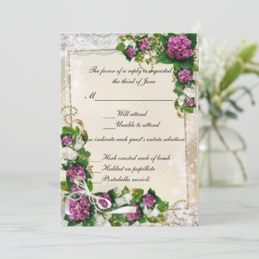 Carte de réponse Hydrangea Violet et Dentelle (Debout devant)