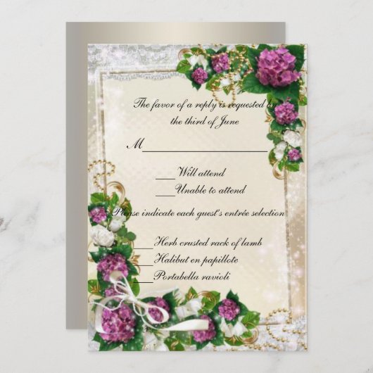 Carte de réponse Hydrangea Violet et Dentelle (Devant / Derrière)