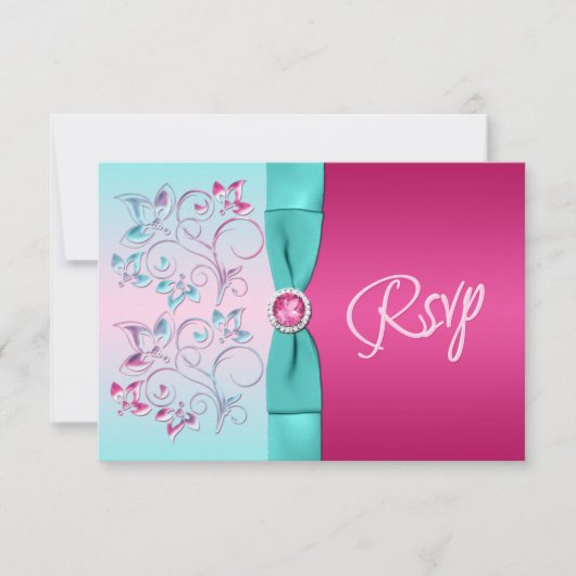 CARTE DE RÉPONSE LIGNÉE rose, Aqua Floral (Devant)