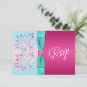 CARTE DE RÉPONSE LIGNÉE rose, Aqua Floral (Debout devant)
