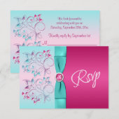 CARTE DE RÉPONSE LIGNÉE rose, Aqua Floral (Devant / Derrière)