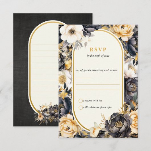 Carte de réponse Mariage Black & Gold Floral Board (Devant / Derrière)