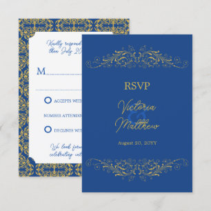 Carte de réponse mariage bleu et or Damassé avec f
