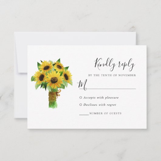 Carte de réponse mariage bleu et tournesol (Devant)