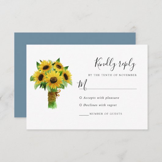 Carte de réponse mariage bleu et tournesol (Devant / Derrière)
