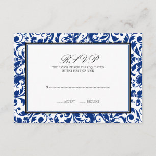 Carte de réponse Mariage damassé Blue and Black Sw
