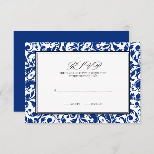 Carte de réponse Mariage damassé Blue and Black Sw (Devant / Derrière)
