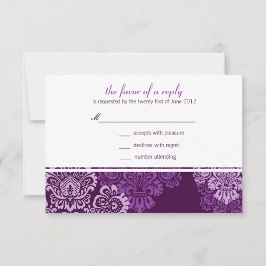 Carte de réponse Mariage damassé d'aubergine pourp (Devant)