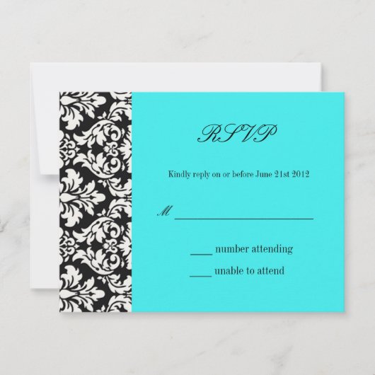 Carte de réponse Mariage damassé Turquoise RSVP (Devant)