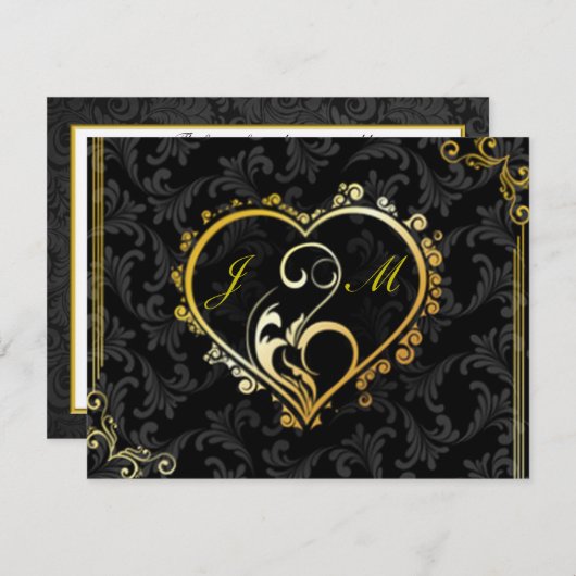 Carte de réponse Mariage Elegant Gold Heart Monogr (Devant / Derrière)