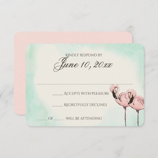 Carte de réponse Mariage Flamant rose rose (Devant / Derrière)