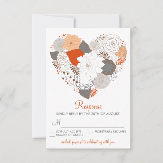Carte de réponse mariage Fleurs cœur orange gris (Devant)