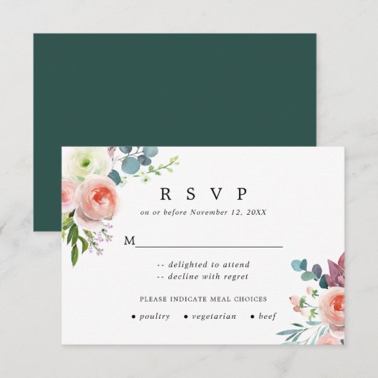 Carte de réponse Mariage floral rose et blanc (Devant / Derrière)