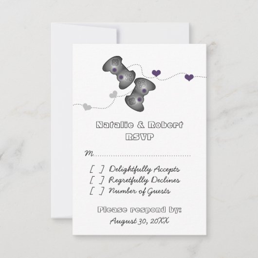 Carte de réponse Mariage Geeky Gamers (Argent/Viol (Devant)