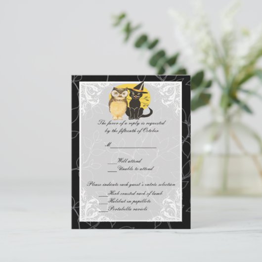 Carte de réponse Mariage Halloween Chat & Owl (Debout devant)