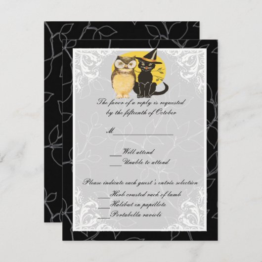 Carte de réponse Mariage Halloween Chat & Owl (Devant / Derrière)