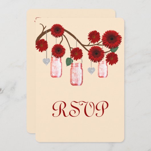 Carte de réponse Mason Jars Fleurs rouges (Devant / Derrière)
