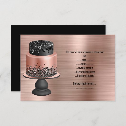 CARTE DE RÉPONSE MÉTALLISÉE GÂTEAU OR ROSE NOIR (Devant / Derrière)
