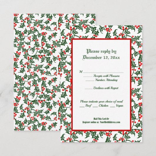 Carte de réponse modifiable Green Holly Holiday 3, (Devant / Derrière)