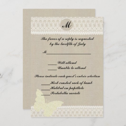 Carte de réponse Monogram Burlap And Lace (Devant / Derrière)