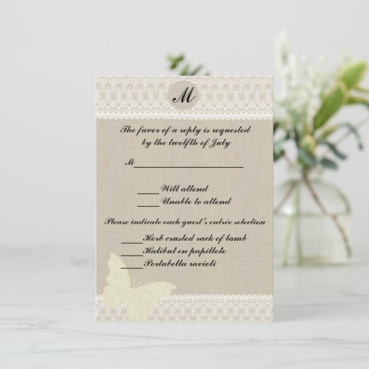 Carte de réponse Monogram Burlap And Lace (Debout devant)