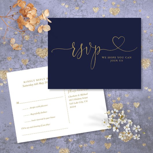 Carte de réponse Navy Blue et Or Heart Script pour