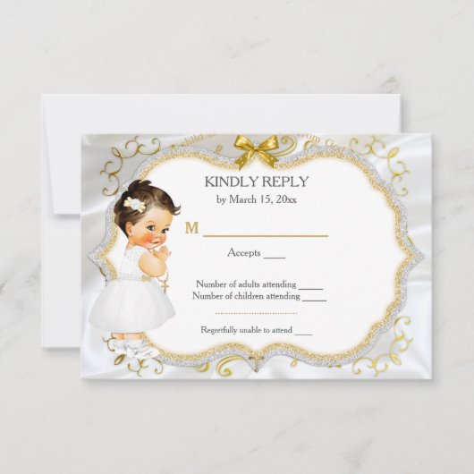 Carte de réponse or pour baptême de bébé fille (Devant)