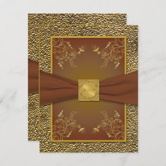Carte de réponse ornée marron et or RSVP (Devant / Derrière)