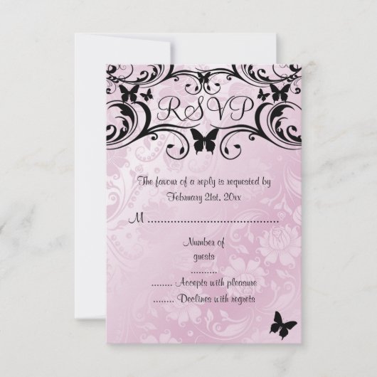 Carte de réponse papillon et fleur rose et noir (Devant)