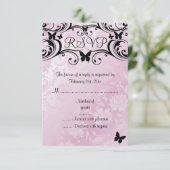 Carte de réponse papillon et fleur rose et noir (Debout devant)