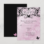 Carte de réponse papillon et fleur rose et noir (Devant / Derrière)