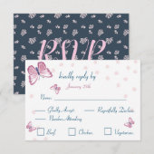 carte de réponse papillon rose bleu marine RSVP (Devant / Derrière)