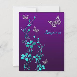 Carte de réponse Papillons, Floral Argent Turquois