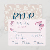 carte de réponse papillons roses bleu marine RSVP (Devant / Derrière)