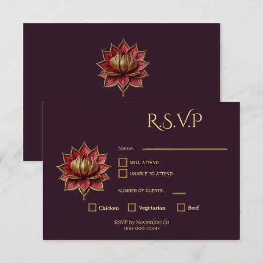 Carte de réponse Plum Gothic Fleur de Lotus (Devant / Derrière)