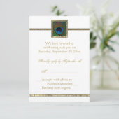 Carte de réponse plume de paon blanc et or (Debout devant)