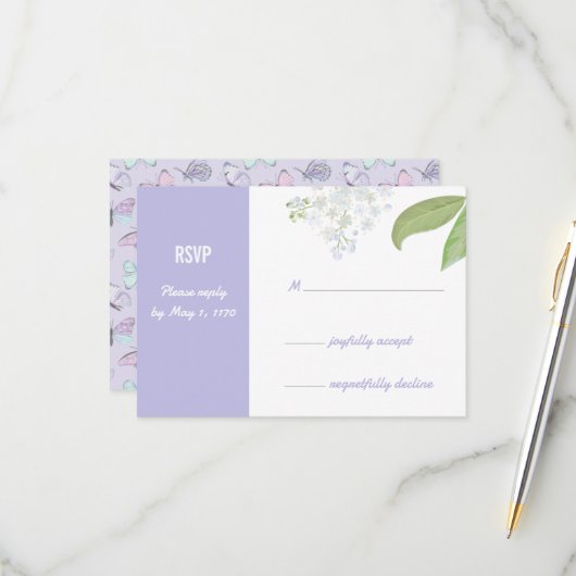 Carte de réponse pour mariage Papillons & Fleur de (Devant/Arrière en situation)