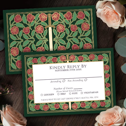 Carte de réponse pour mariage royal avec épée flor
