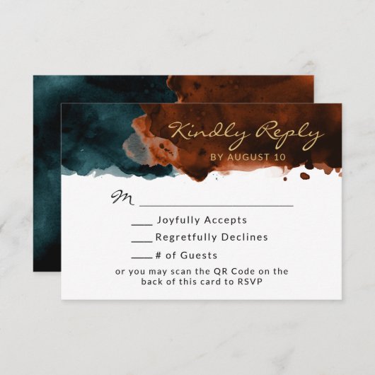 Carte de réponse QR Code aquarelle sarcelle et ora (Devant / Derrière)