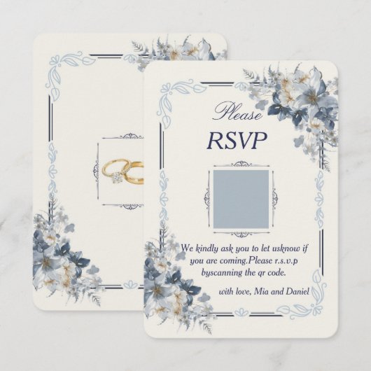 Carte de réponse QR Code de mariage à fleurs bleu (Devant / Derrière)