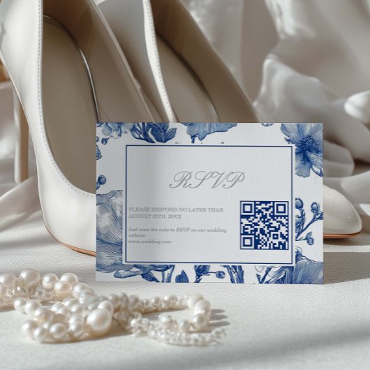 Carte de réponse QR code de mariage argent et bleu