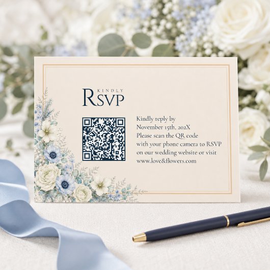 Carte de réponse QR Code de mariage | Hiver ivoire